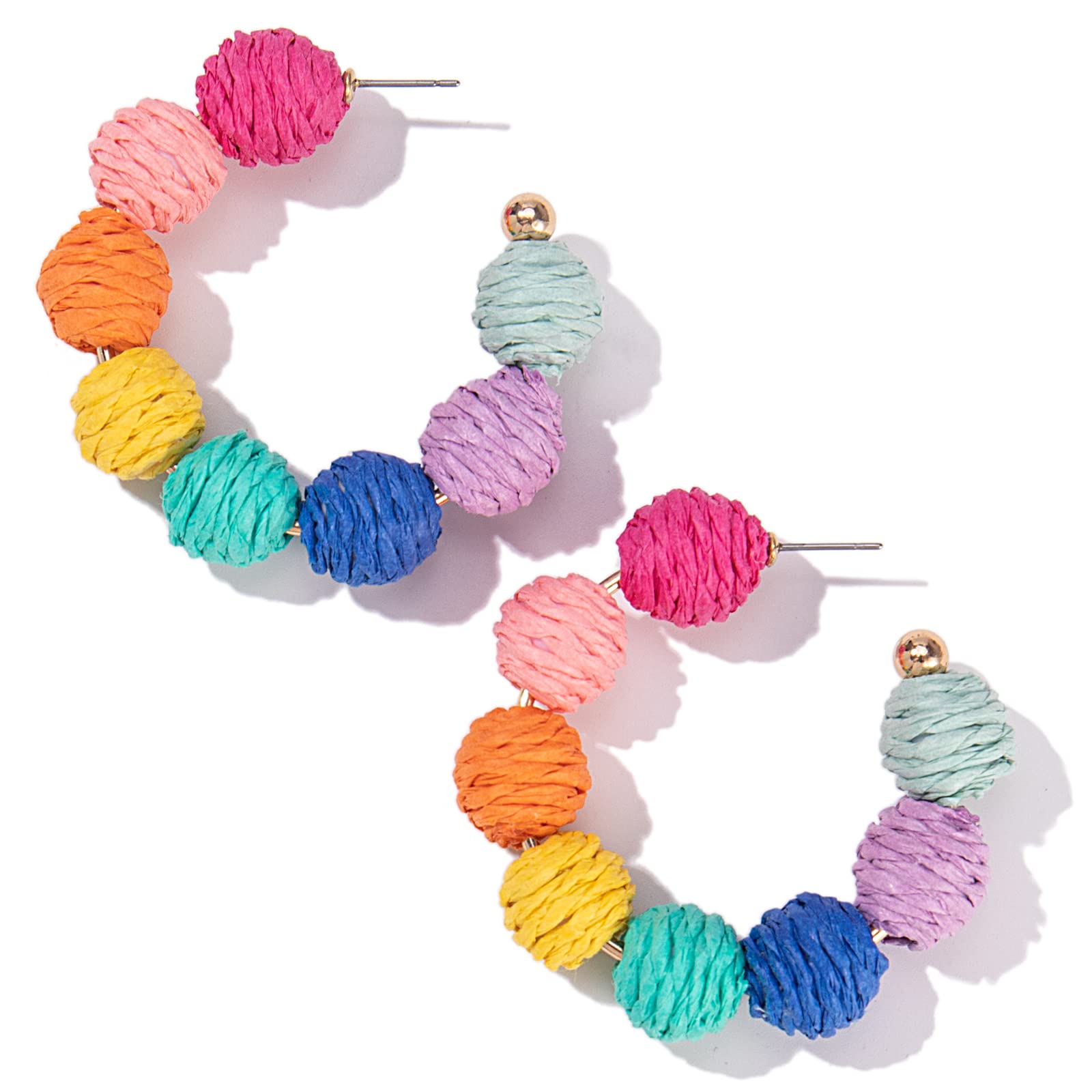 Raffia Hoop Boho Earrings - Cute Rattan Handmade Colorful Earrings for Women - Unique Summer Jewelry