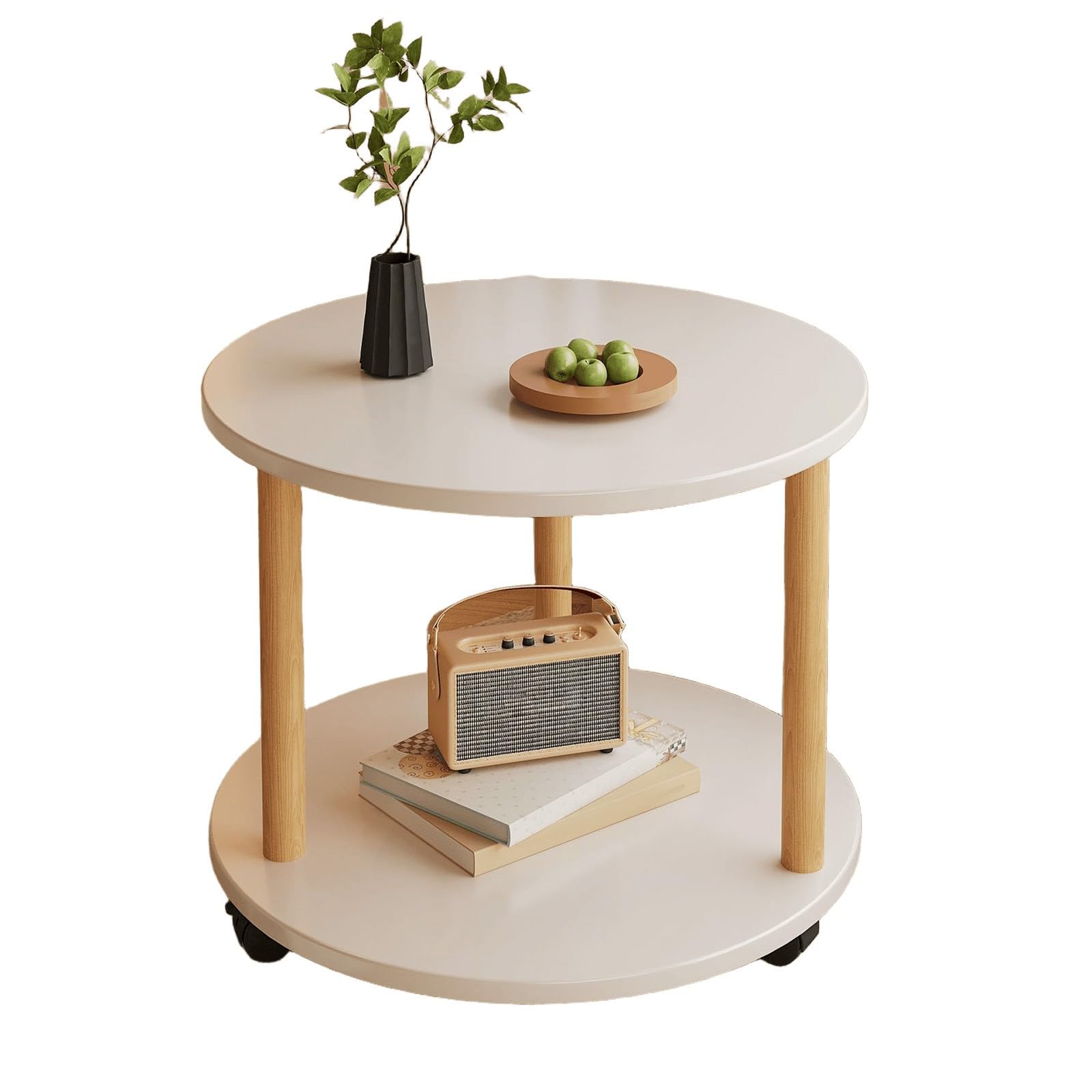 Table d'appoint ronde en bois à 2 niveaux avec roulettes