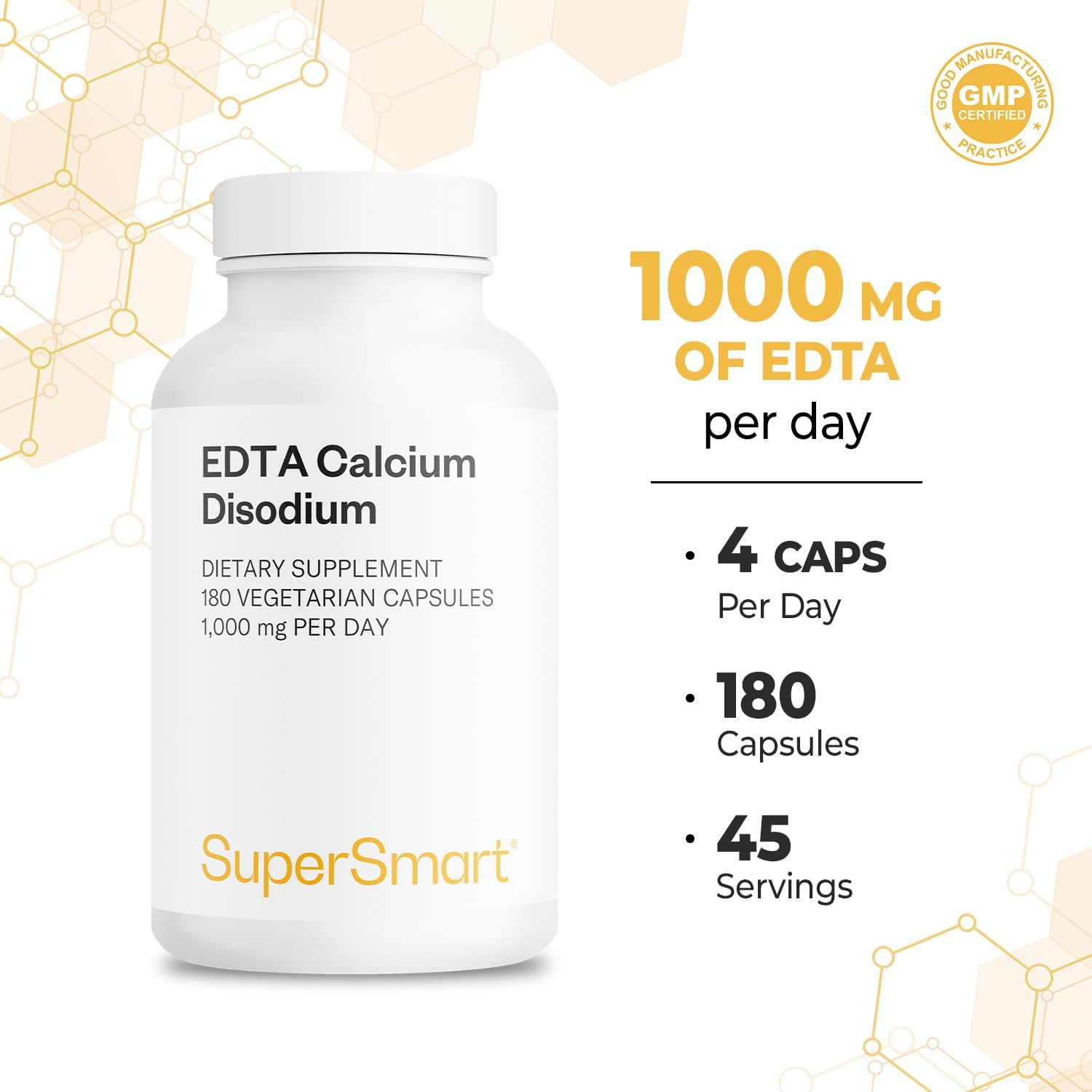 Supersmart - EDTA 1000mg per Day - Calcium Disodium EDTA Supplement | Non-GMO & Gluten Free - 180 Vegetarian Capsules