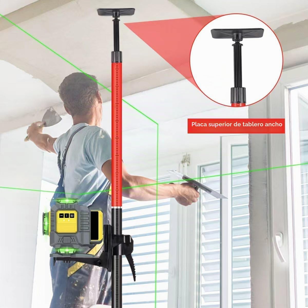 Barra de nivelación láser telescópica con trípode, extensible hasta 4,2 m, con soporte láser de 1/4 x 20 pulgadas, incluye tuerca adaptadora de 5/8"-11, color rojo