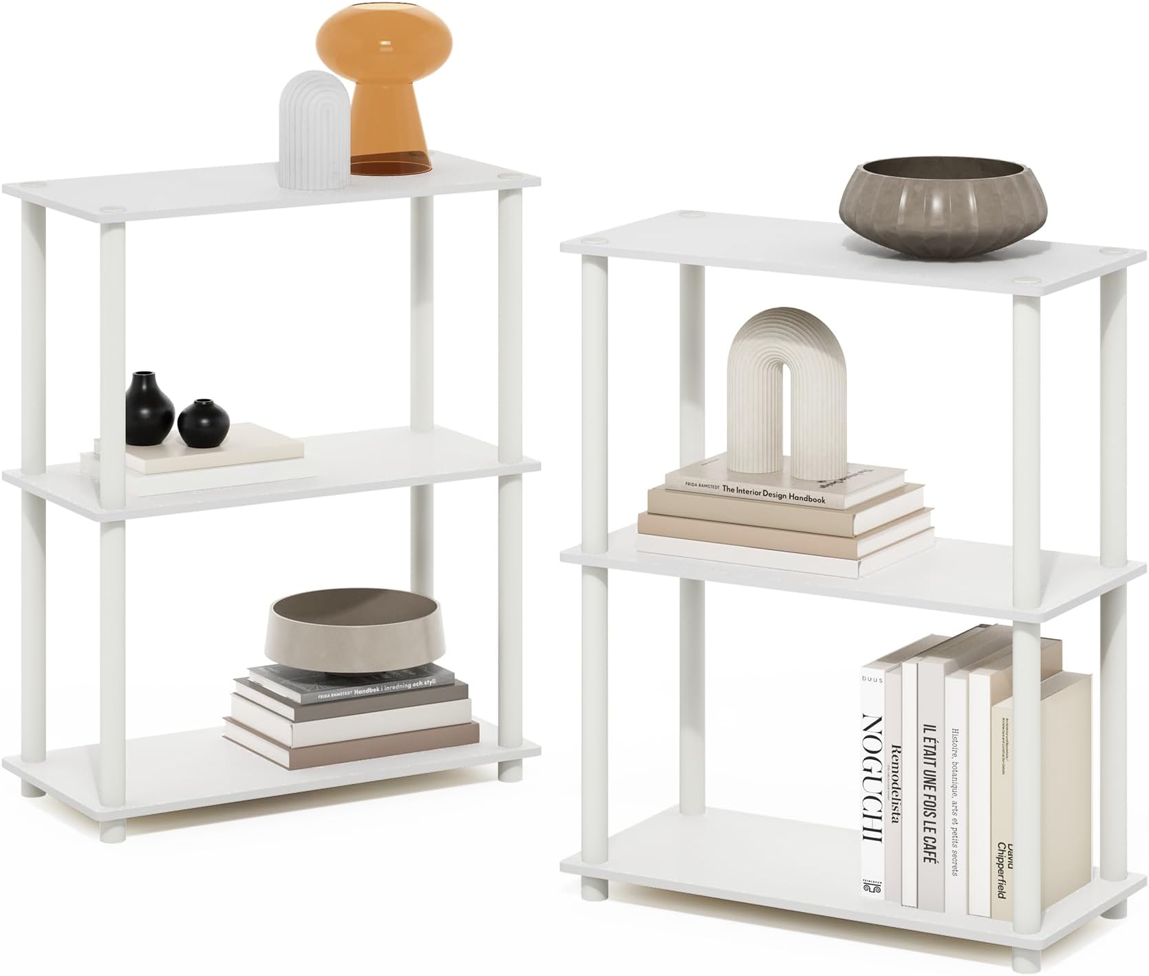 Turn-N-Tube Storage Shelves Set of 2, 3-Tier Book Shelf, Corner Shelf, Toolless Open Shelves, for Organization and Storage, Living Room, Garage, Home Office, White