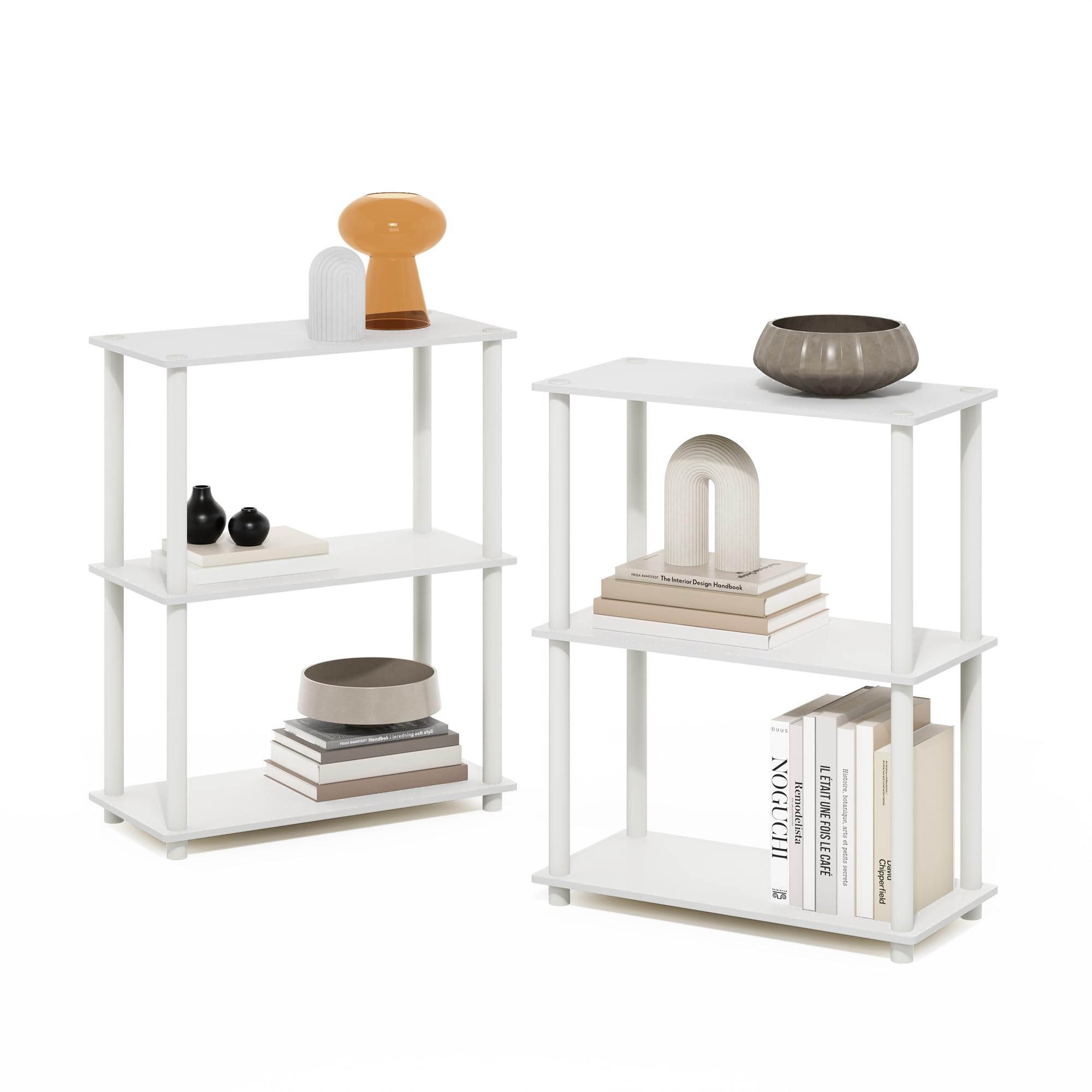 Furinno Turn-N-Tube Storage Shelves Set of 2, 3-Tier Book Shelf, Corner Shelf, Toolless Open Shelves, for Organization and Storage, Living Room, Garage, Home Office, White
