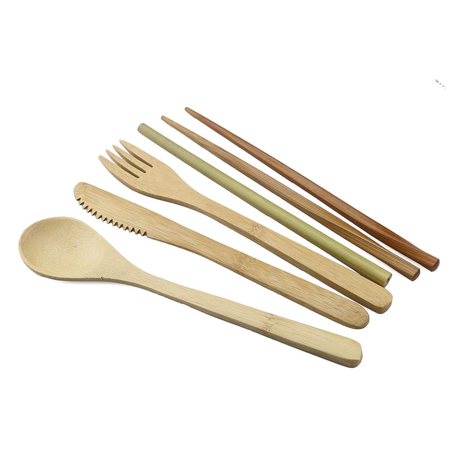 Ensemble de Couverts en Bois de fête 7 pièces Ensemble de Vaisselle en Paille de Bambou avec Sac en Tissu Couteaux Fourchette Cuillère Baguettes Voyage Exceptionnel