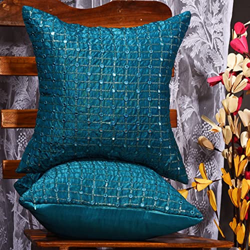 Image of Teal Decorative Cushion Covers 20x20 inches Set of 2, Silk Embroidered Pillow Covers, Turquoise Throw Pillows