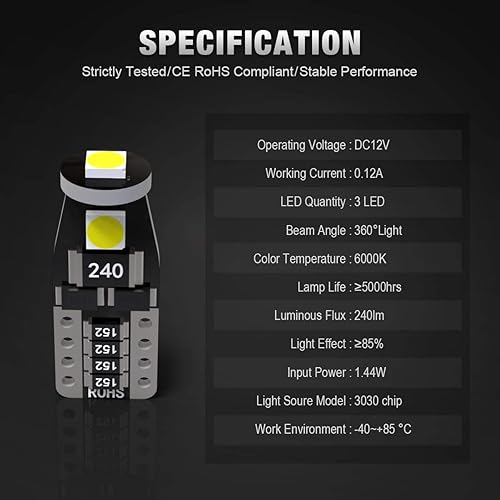 Miniatura 5 de KAFEEK 20 bombillas LED T10 Wedge 194 168 2825 W5W, chipset 3-3030 superbrillantes, sin errores de autobús, luces interiores, placa de domo, mapa,