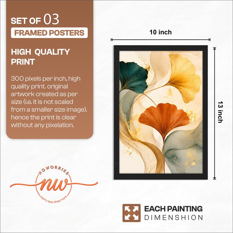 Image of NoWorries Abstract Ginkgo Leaf Wall Art Frames Set of 3 | Modern Botanical Look Paintings with Gold & Teal Leaves | Premium 300 GSM Prints in Synthetic Wooden Frames | Living Room, Bedroom, Office & Home Decor (BLACK, ART-16, 10X13INCHES)