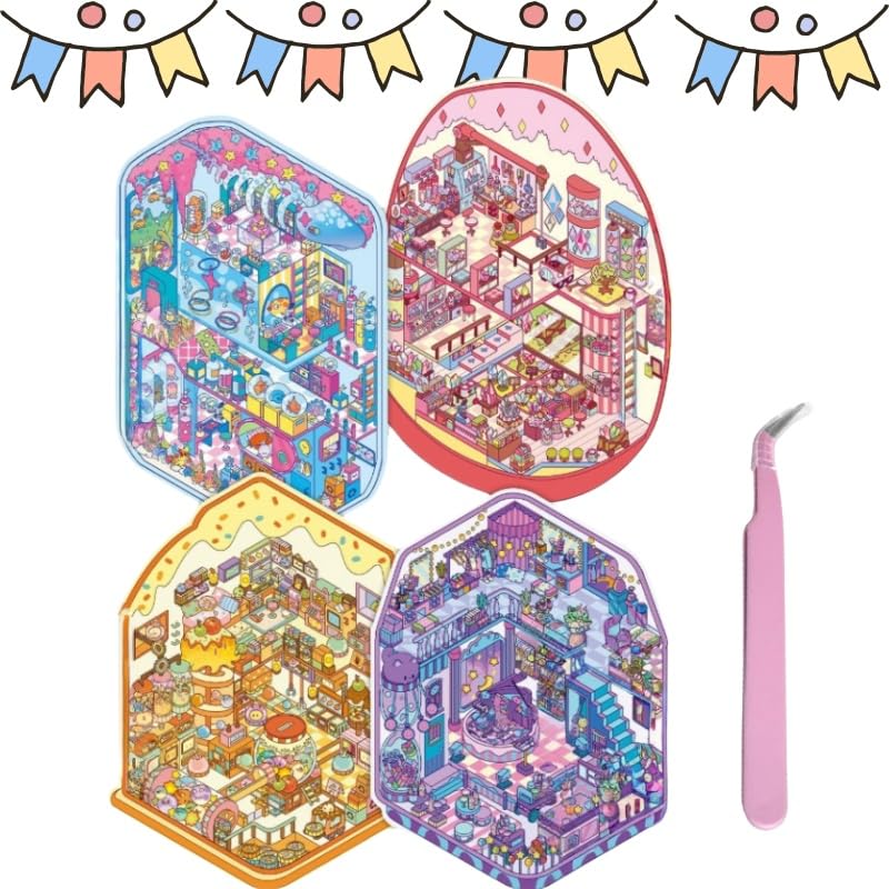 4 Sets Large DIY 3D House Stickers with Tweezers,3D DIY Sticker Scenes for Adult Kids Relief Stress Pass The Time,Make Your Own Cute Cartoon Warm Home Exhibition Hall Flower Collection Box