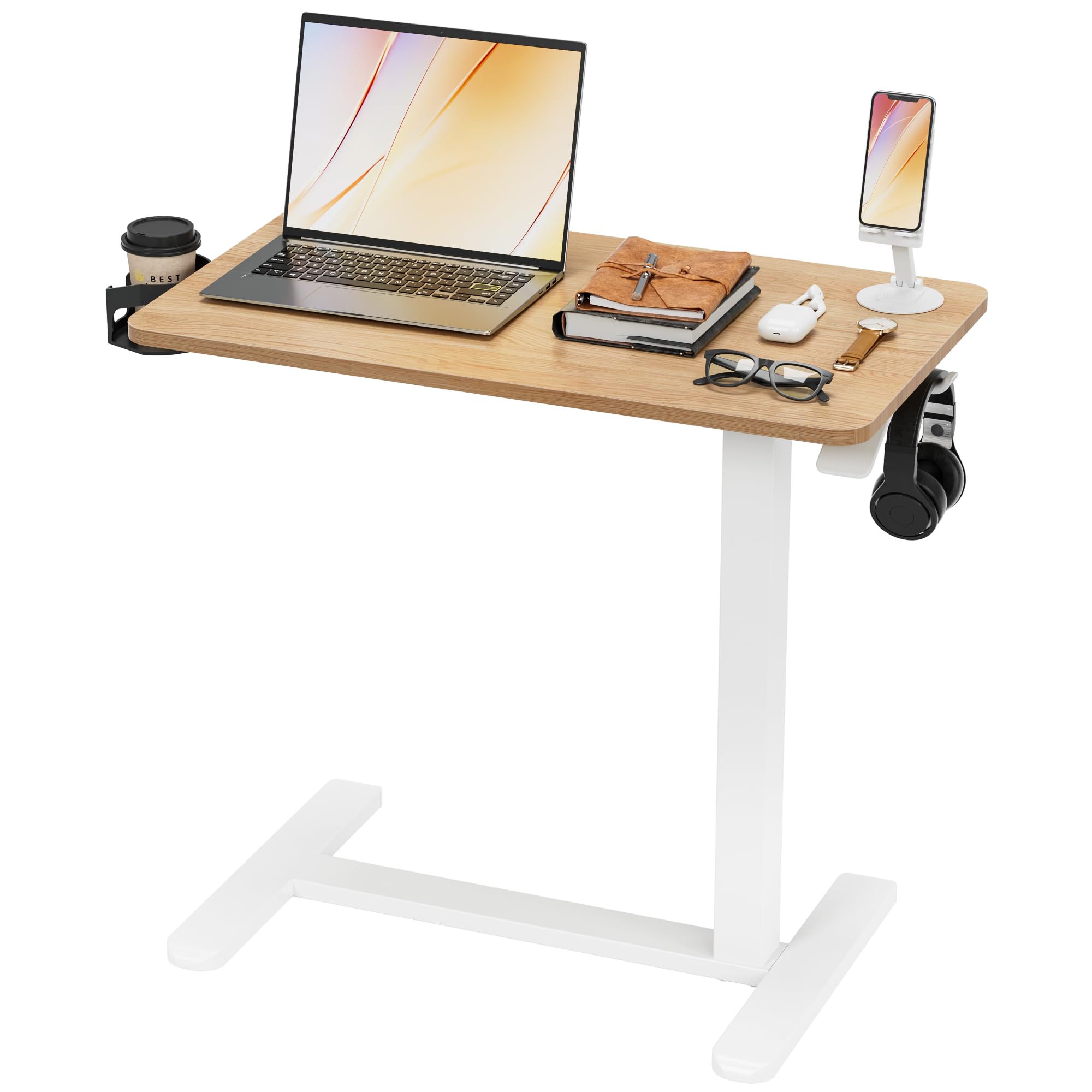 Furmax Mobile Standing Desk with Wheels Pneumatic Adjustable Rolling Computer Desk Laptop Table for Bed Couch Maple Small