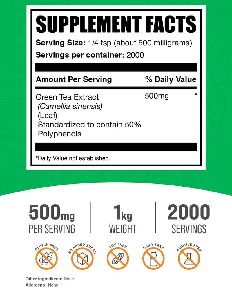 BulkSupplements.comgreen Tea Extract Powder - 50% Polyphenols Supplement, EGCG Supplements - Gluten Free, 500mg per Serving, 1kg (2.2 lbs) (Pack of 1)
