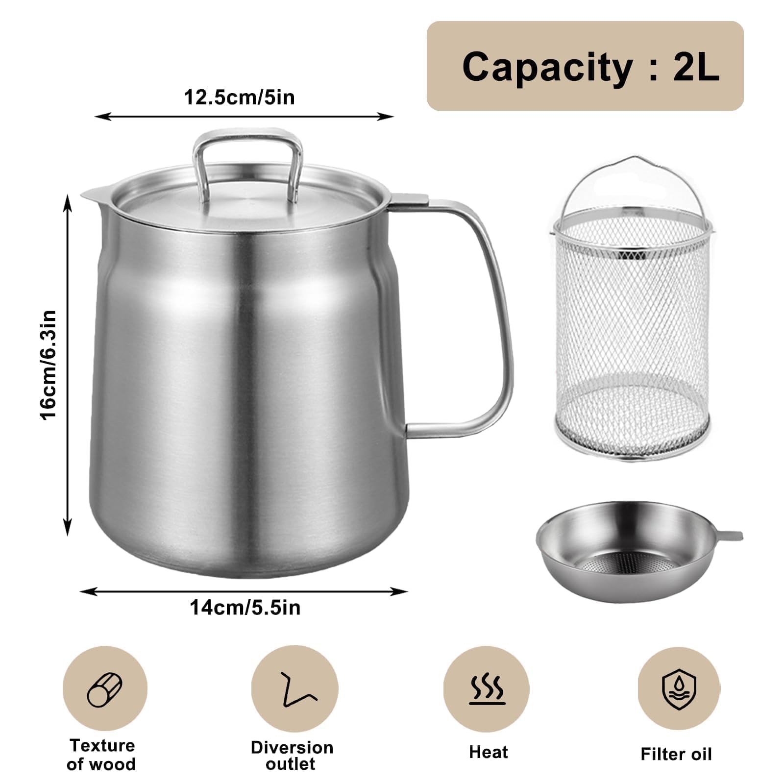 Récipient à Filtrer Huile Inox 304, 2L Grand Volume Polyvalent, Filtre à Huile de Cuisine Avec Couvercle Anti-poussière, avec Panier à Frire, Brosse à Cuisinière, Filtre et Gants