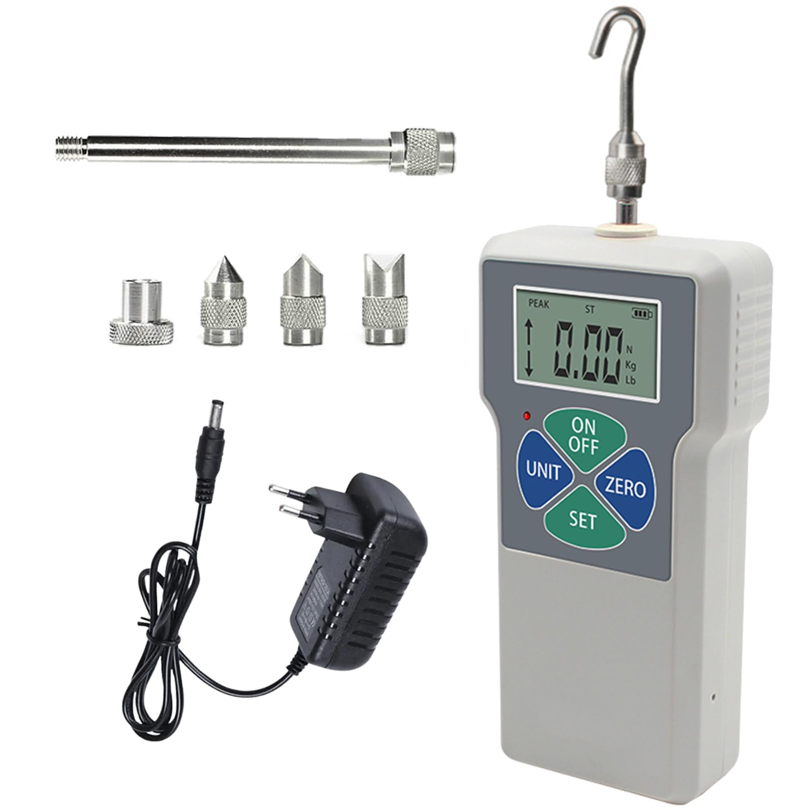 Digitaler Kraftmesser Set 500N, Tragbares Druck- und Zugmessgerät Kraftmessgerät mit 6 Prüfkopf und Tragetasche, Einheiten (N, kg, lb)