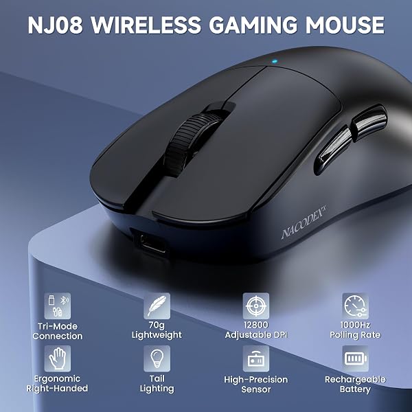 A.JAZZ NJ08 Tri-Mode Kabellose Gaming Maus, 1000Hz 70g Leicht, PC Mouse Mittel-Groß Ergonomisch, 12800 DPI 6 Stufen, Bluetooth/2.4G/USB-C, RGB Wiederaufladbar für Laptop/Mac - Schwarz - 2