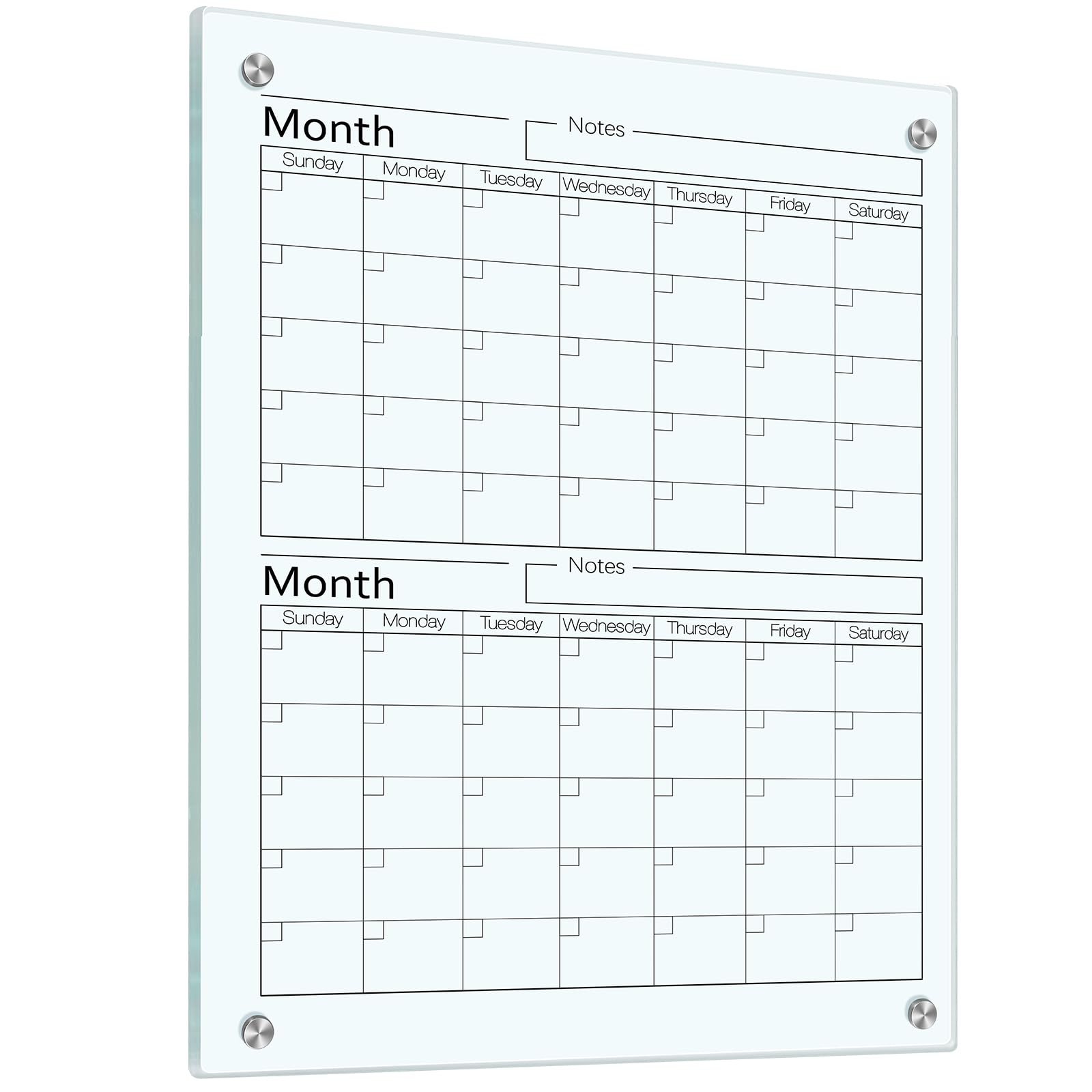 Calendrier tableau blanc en verre 61 x 45,7 cm - 2 mois effaçable à sec - Grand calendrier mural avec plateau à marqueurs pour mur, maison, bureau