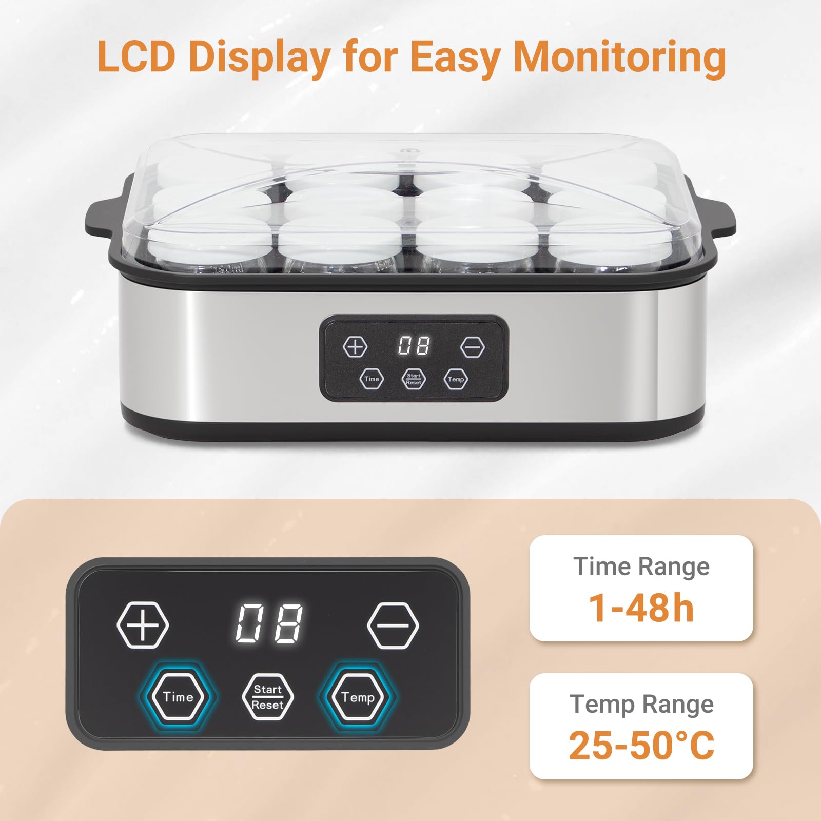 Todeco Yaourtière Électrique avec 12 x 180 ml Verre, Thermostat Réglable, Minuterie, Machine à Yaourt Maison en Acier Inoxydable, pour Préparer du Yaourt Grecs et Aromatisés