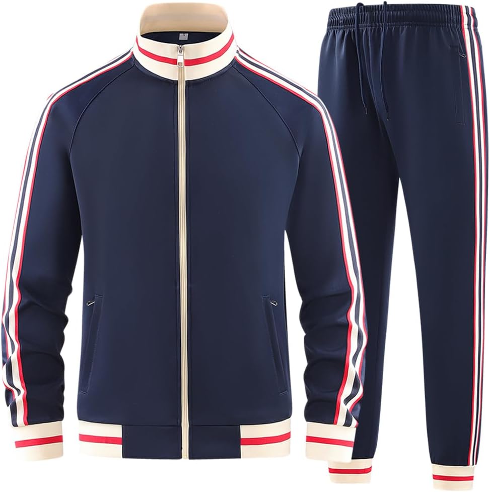 AURACIONE Men Tracksuits 2 Piece Outfits Long Sleeve Full Zip Sports Set Stand Up Collar Jackets and Pants Running Sweatsuit