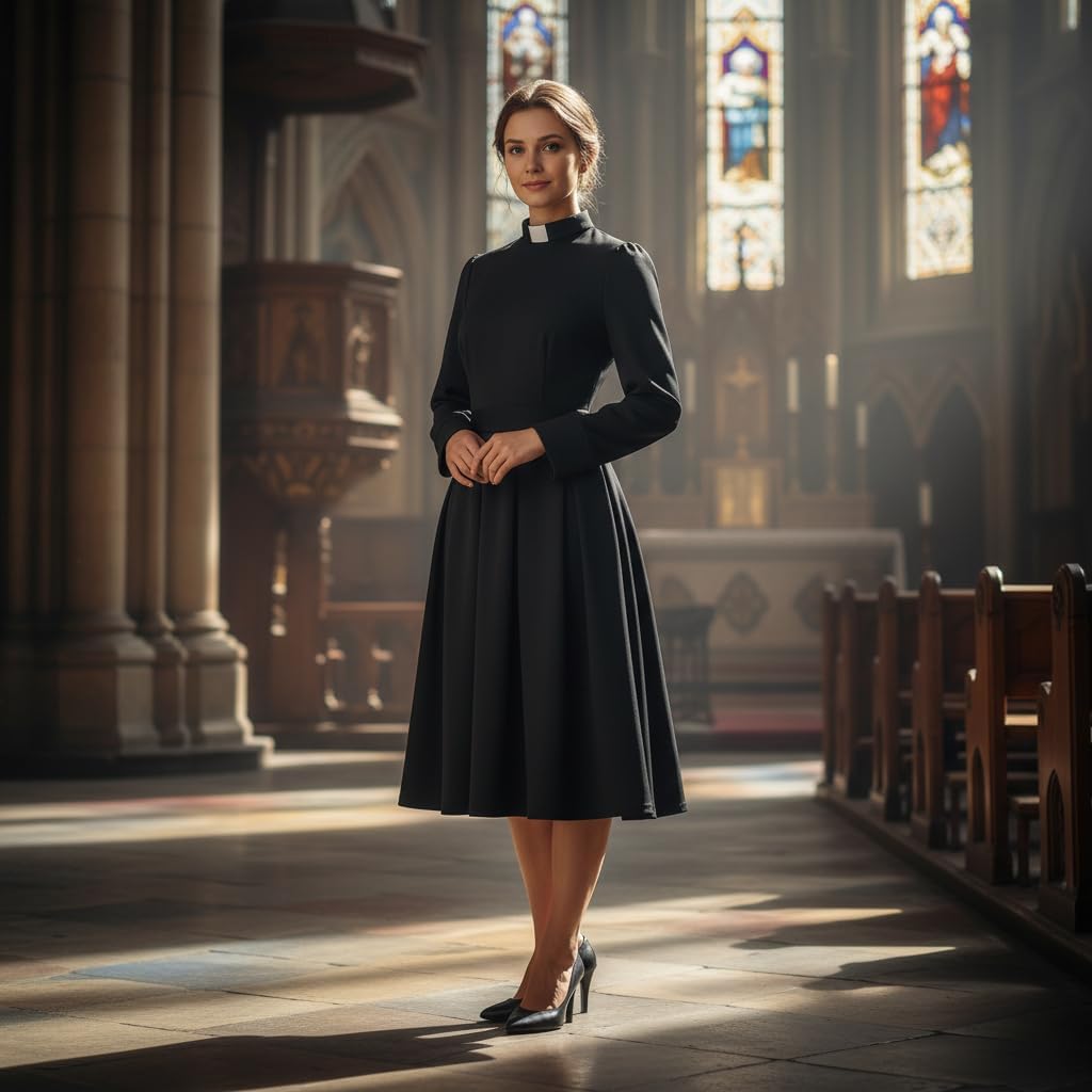 Church Clergy Dress for Women Minister Spring/Autumn Long Sleeve Elegant Pleated Dress with Tab Collar - Image 3