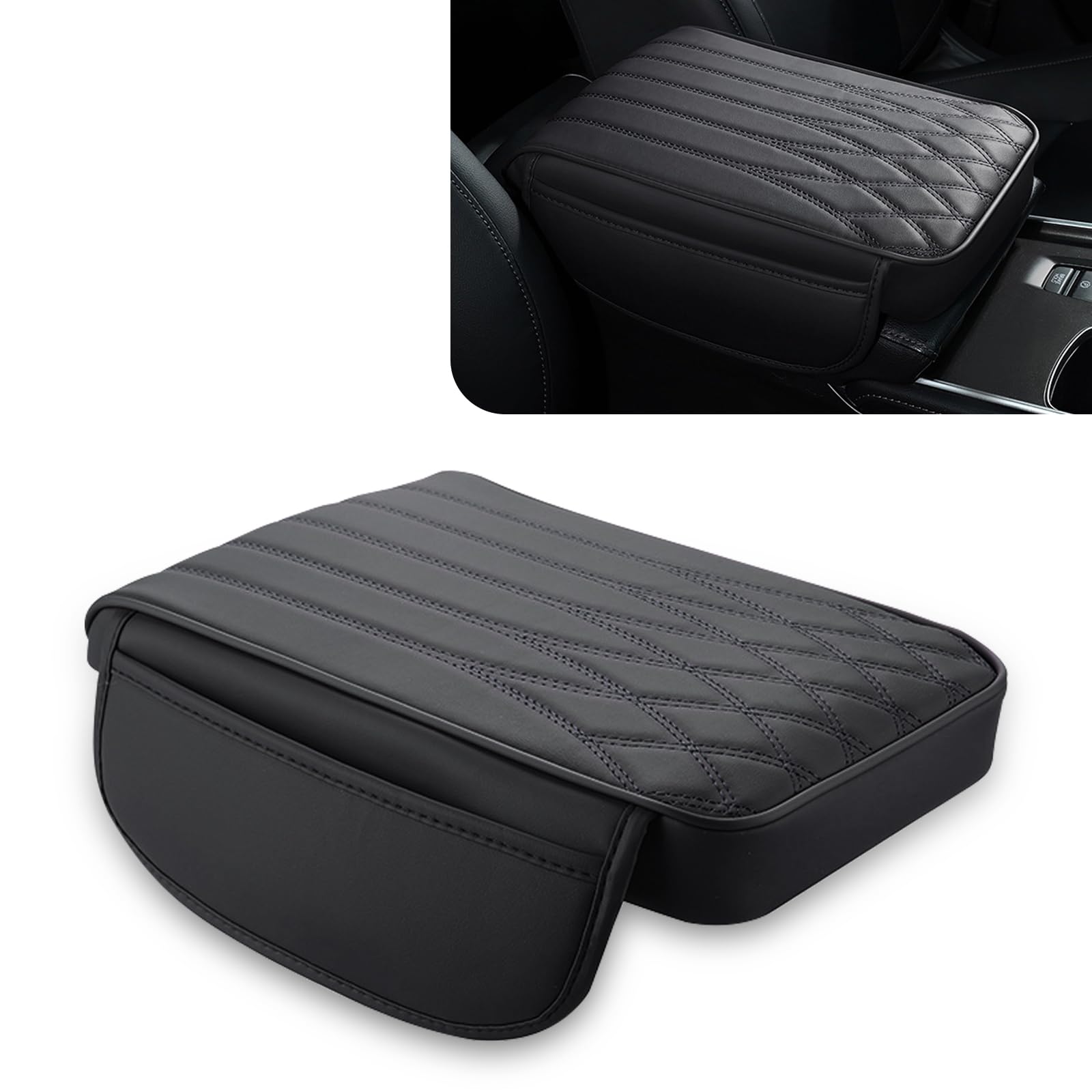 1 PC Car 12.5" x 8.6" x 1.9" Armrest Box Heightening Pad, Memory Pillow Cotton Pressure Relief Comfortable Pad, Leather 3D Texture Anti-Scratch Protective Cover, Universal for Cars (Black)