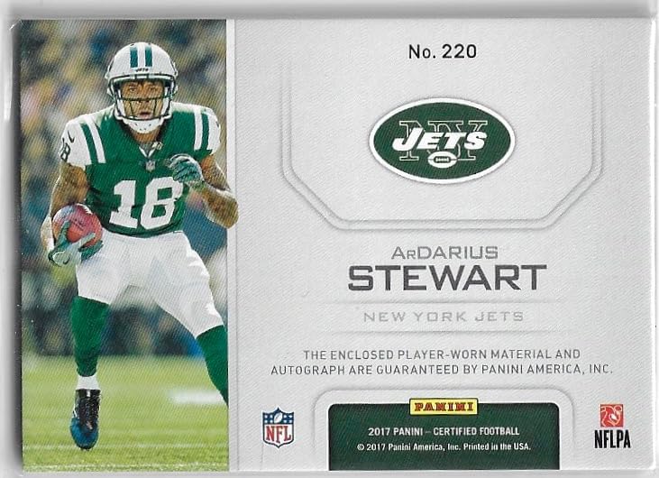 ArDarius Stewart Autographed & Serial Numbered #27/99 Red Parallel Freshman Fabrics Rookie Card Game Used Relic Memorabilia RPA Auto Collectible Football Card - 2017 Panini Certified Football Card #220 (Jets)
