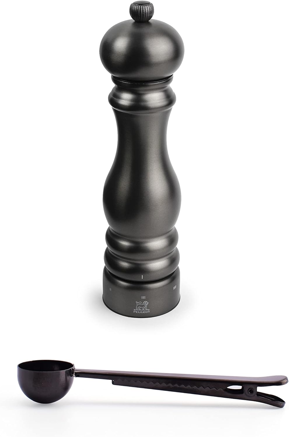 Peugeot Paris Chef Carbone u'Select Stainless Steel 22cm 9 inch Pepper Mill, Carbon Finish - With Stainless Steel Spice Scoop/Bag Clip