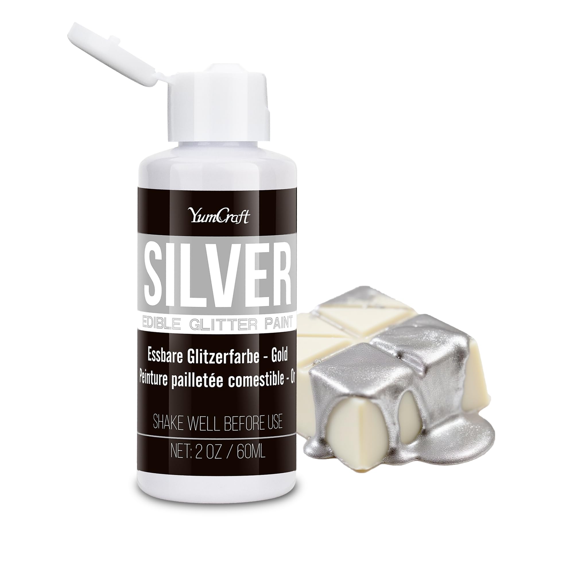 Flüssig Essbarer Glitzer Silber, 60ml Glitzer Essbar Für Getränke, Lebensmittelfarbe Flüssig für Dekorieren von Kuchen, Backen, Cupcakes, Regenbogen Essbares Glitzerpulver für Cockatil, Torten
