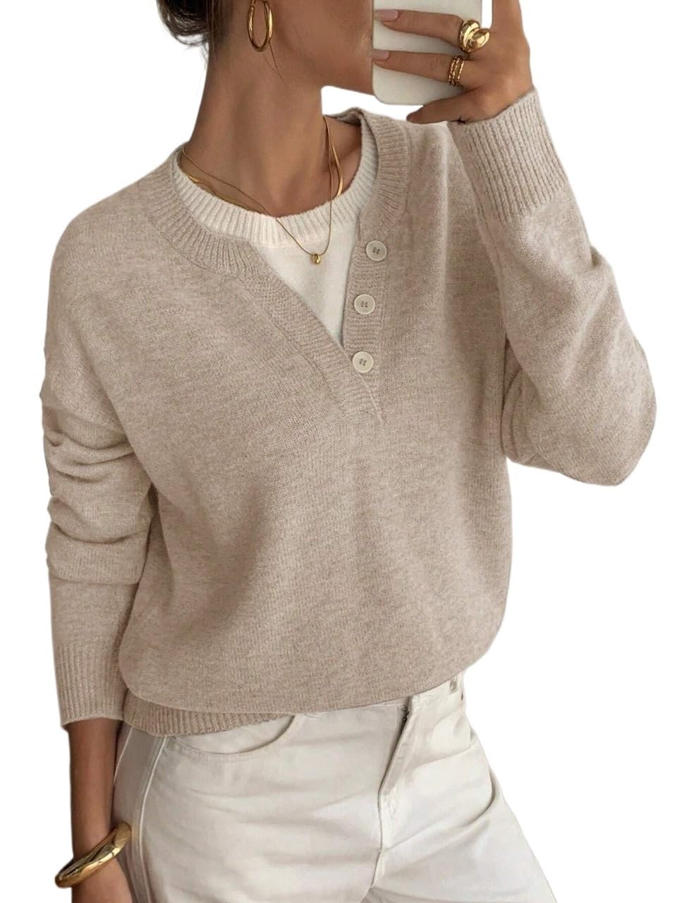 Womens Pullover Sweater Casual Colorblock Neck Pullover Soft Knit 2 in 1 Sweater for Women