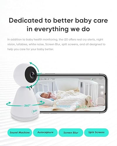 Miniatura 7 de iBaby i20 Monitor inteligente para bebés, monitoreo sin contacto de frecuencia cardíaca, respiración, patrón de sueño, máquina de sonido, alertas de