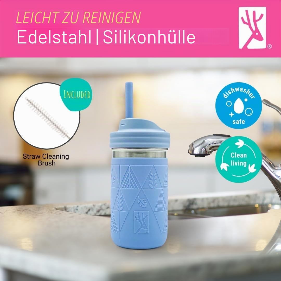 Elk and Friends 400 ml SS-Gläser Edelstahl Kinder Trinkbecher | Mason Jar mit Silikonhülle & Deckel | Silikon Strohhalm | Smoothie Becher | Auslaufsicher | Spülmaschinengeeignet | 2er Set