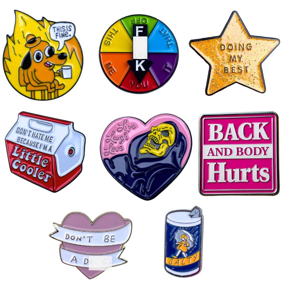 YJ PREMIUMS9PC Funny Enamel Pins Pack Cute Cool Fun Pin for Lapel Backpack Jacket Hat Bag Adult Teens Girls Boys, Small Buttons Unique Novelty Mood Assorted Cartoon Cheap Bulk Craft Supply Accessories Gifts