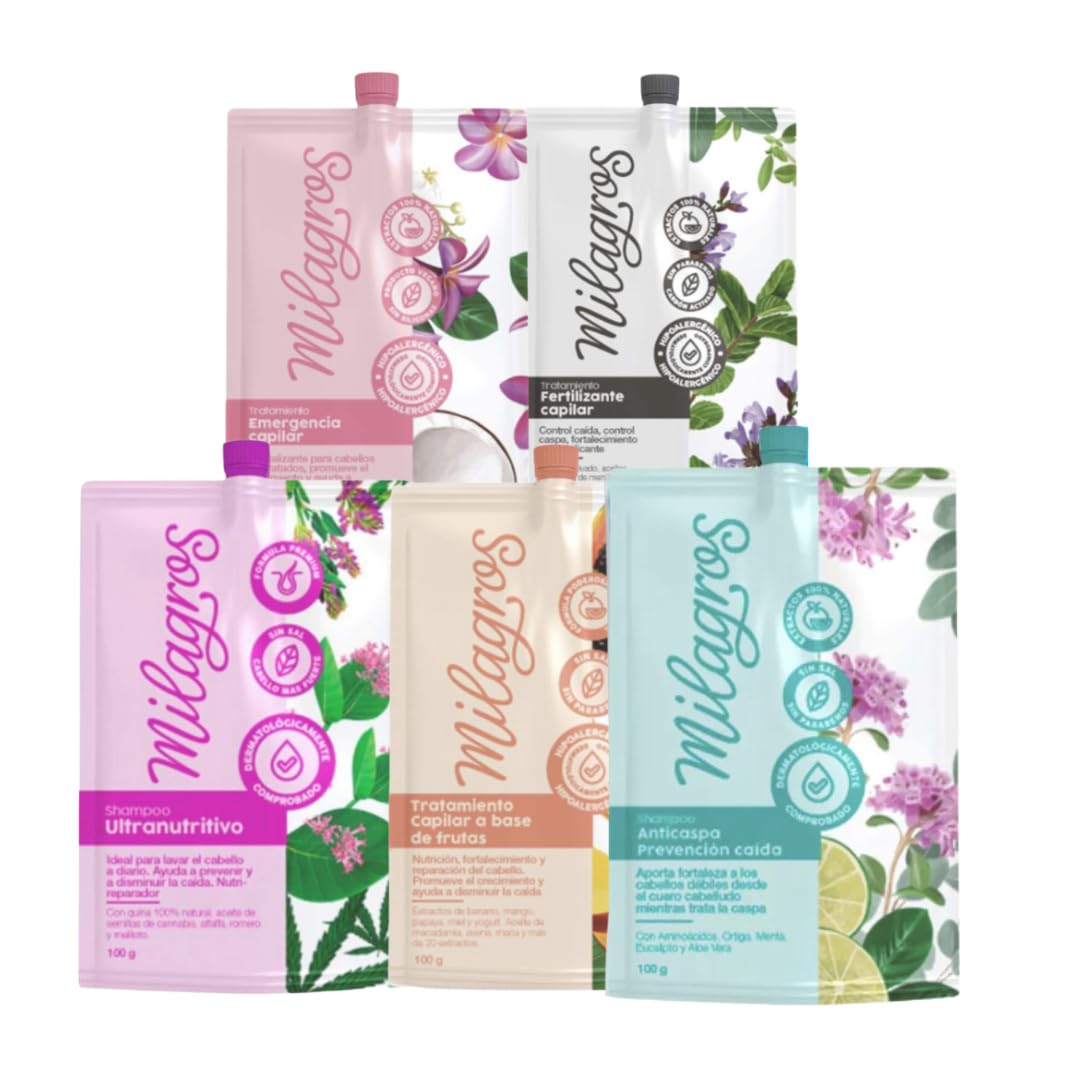 Sachets Pack Milagros Colombia 5 pack Travel Size 100 GR C/U - Tratamiento de Frutas - Tratamiento Emergencia Capilar - Tratamiento Fertilizante Capilar - Champú Ultranutritivo - Shampoo Anticaspa