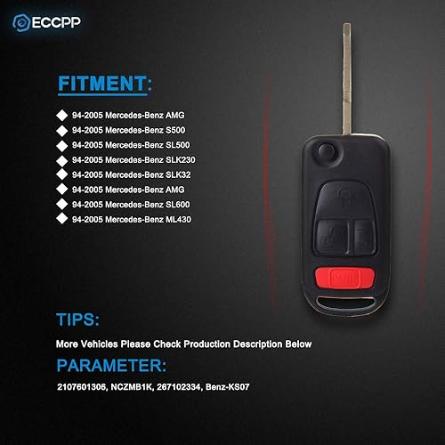 Miniatura 2 de ECCPP NCZMB1K - Llavero de automóvil sin cortar sin cortar con control remoto (carcasa de carcasa) 94-2005 repuesto para M ercedes-Benz AMG S500