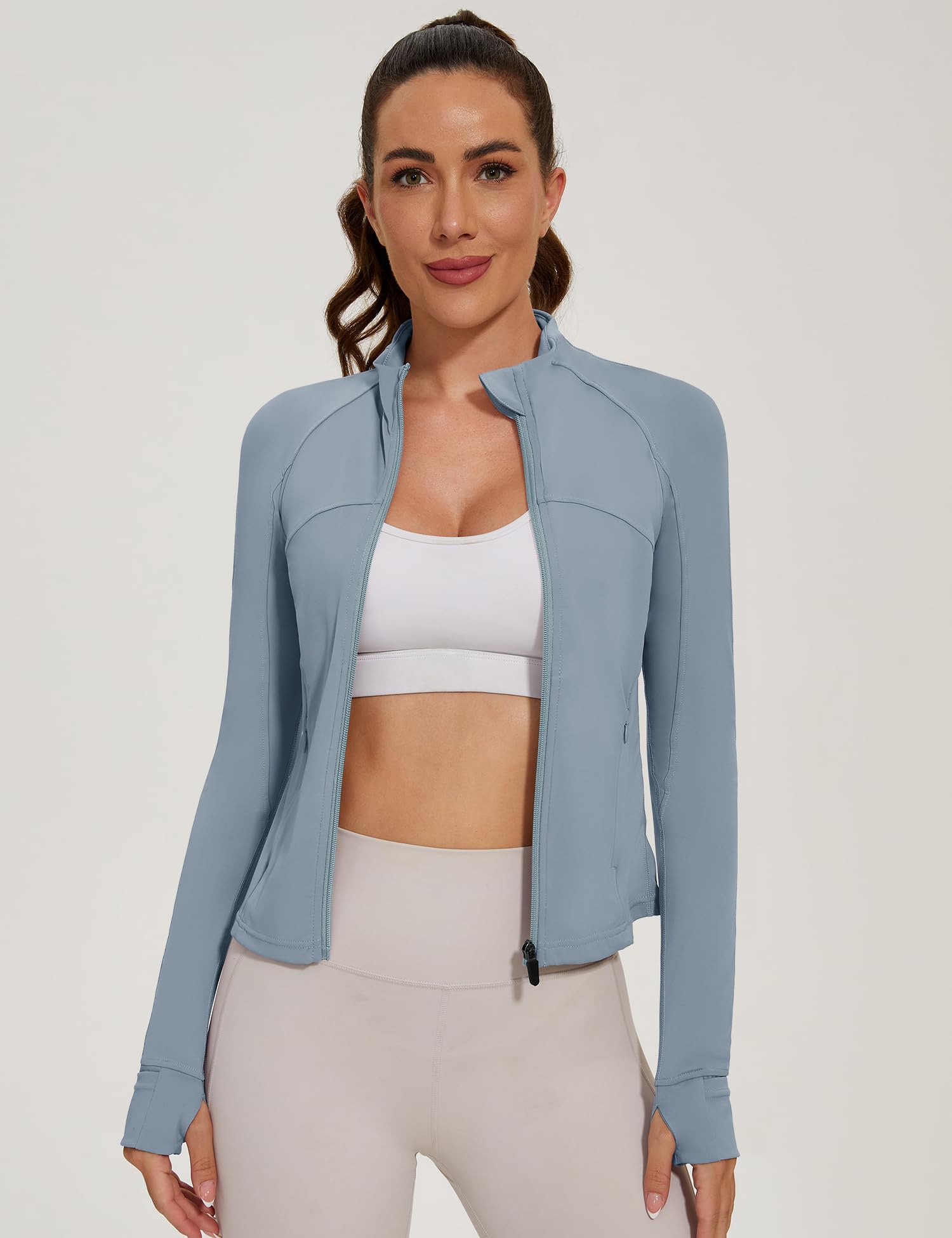 LOMON Long Sleeve Hiking Jackets with Pockets Cropped Athletic Workout Jacket Yoga Sportwear with Thumb Holes Gray Blue M