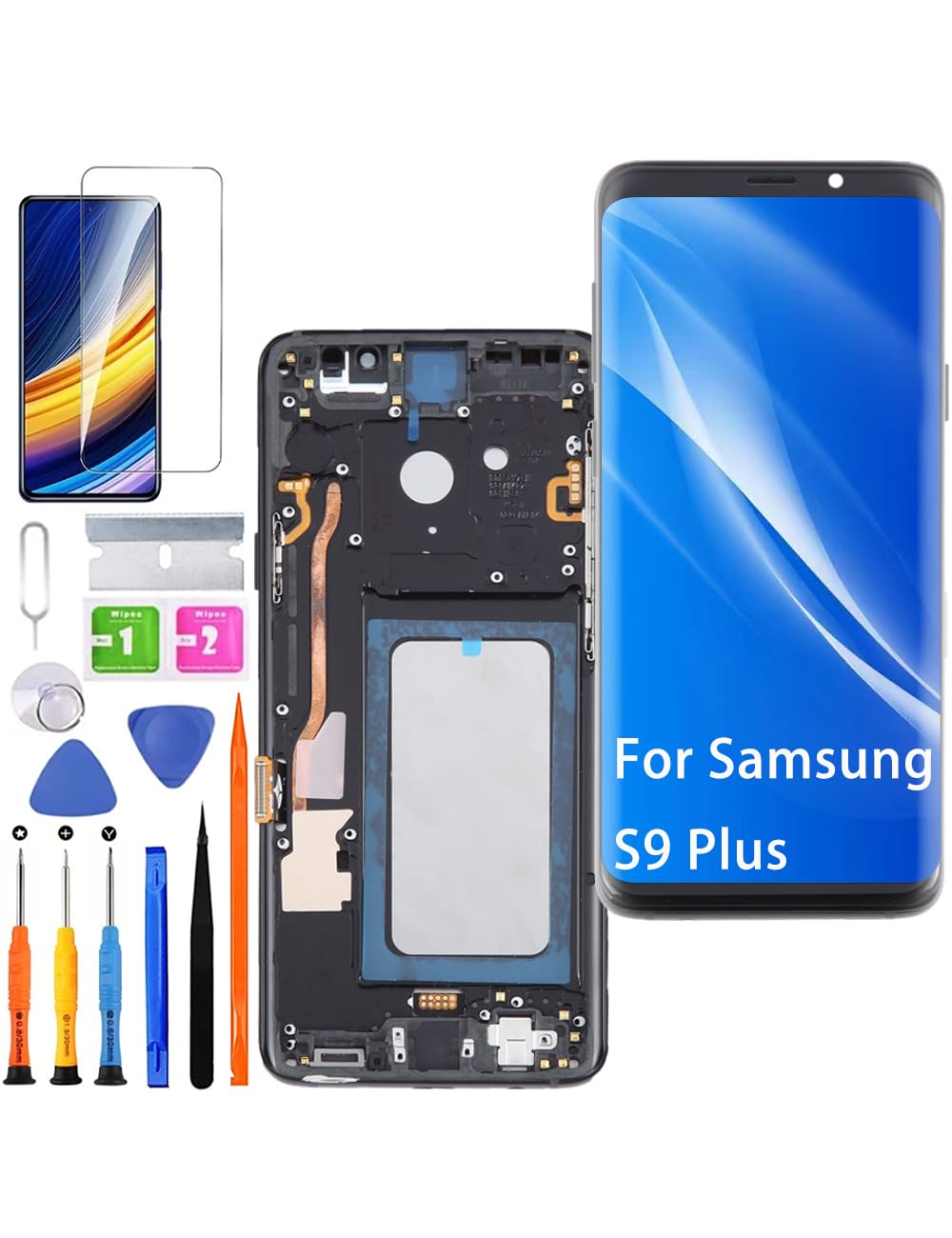 Display di ricambio per Samsung Galaxy S9 Plus S9+ LCD TFT G965F G965U G965 Display Touch Digitizer Assembly Kit parti di riparazione (nero con cornice, senza impronte digitali, non curvo Screen)