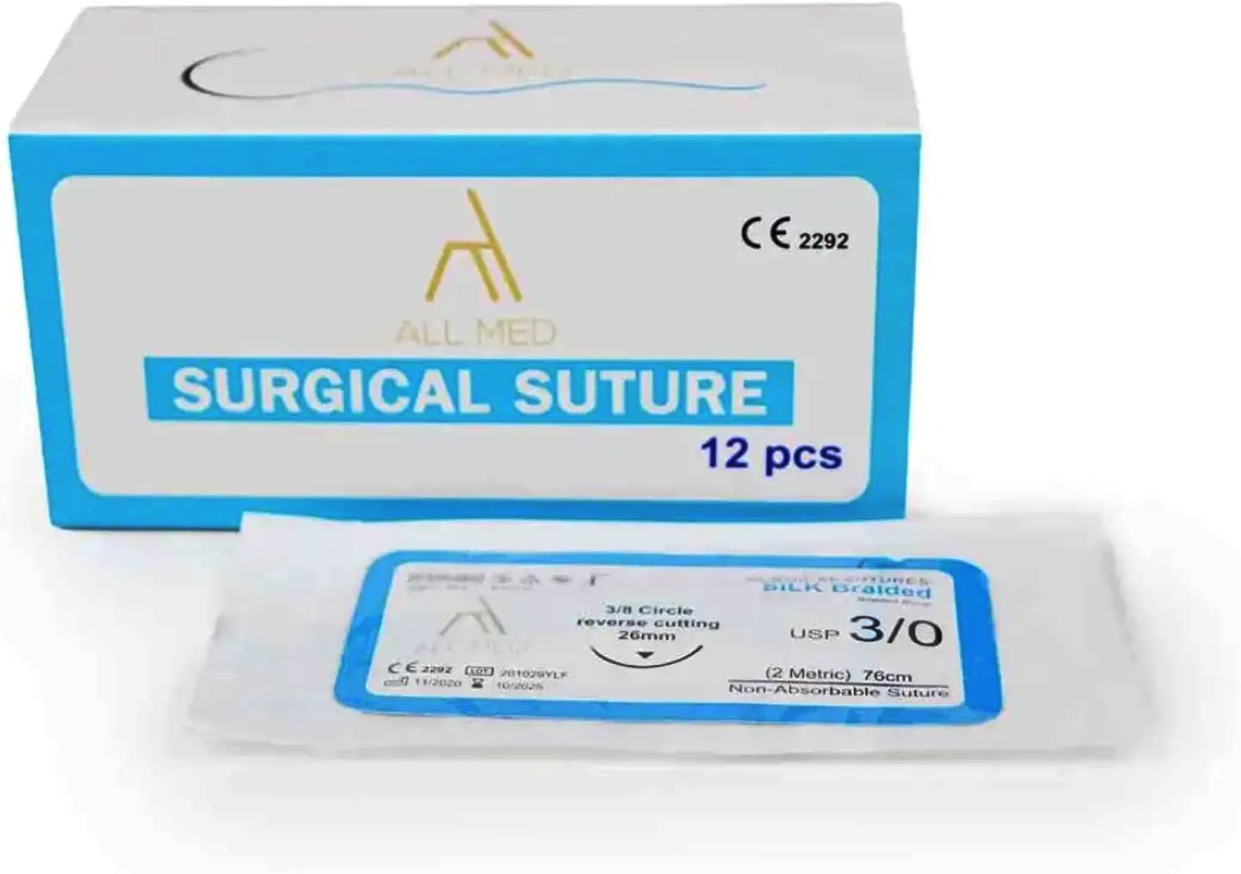 All Med Silk Braided 3-0 Suture 3/8 Circle Reverse Cutting Needle 26mm – Pack of 12 – Premium Silk Suture for Surgical Procedures, Precision Cutting Needle for Secure Closure