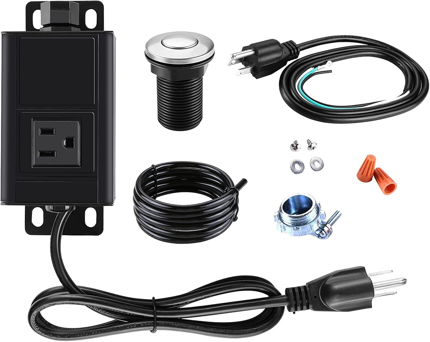 HK Bundle - 2 Items Garbage Disposal Air Switch Kit with Power Cord Kit, Sink Top Waste Disposer Stainless Steel On/Off Push 2.5" Button with Aluminum Alloy Power Module, Food Waste Disposals Replacem