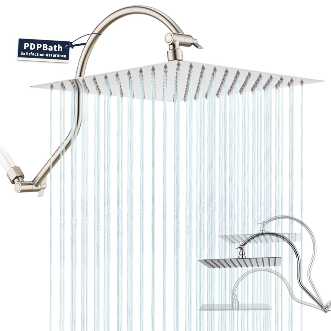 PDPBath Soffione Doccia Pioggia 30,5 Cm In Acciaio Inox 304 Con Braccio Flessibile 40,6 Cm – Cromato, Alta Pressione, Autopulente, Fai Da Te