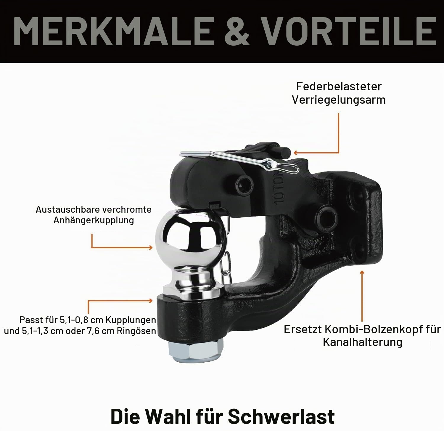 HEYOUTH Anhängerkupplung Ø 50mm Kugelkopf,bis zu 8000kg/8T Kombikupplung Kupplungskopf in Schwarz,Anhängerkupplungskugel,für Transporter Pick-Up LKW PKW Quad Traktor UVM