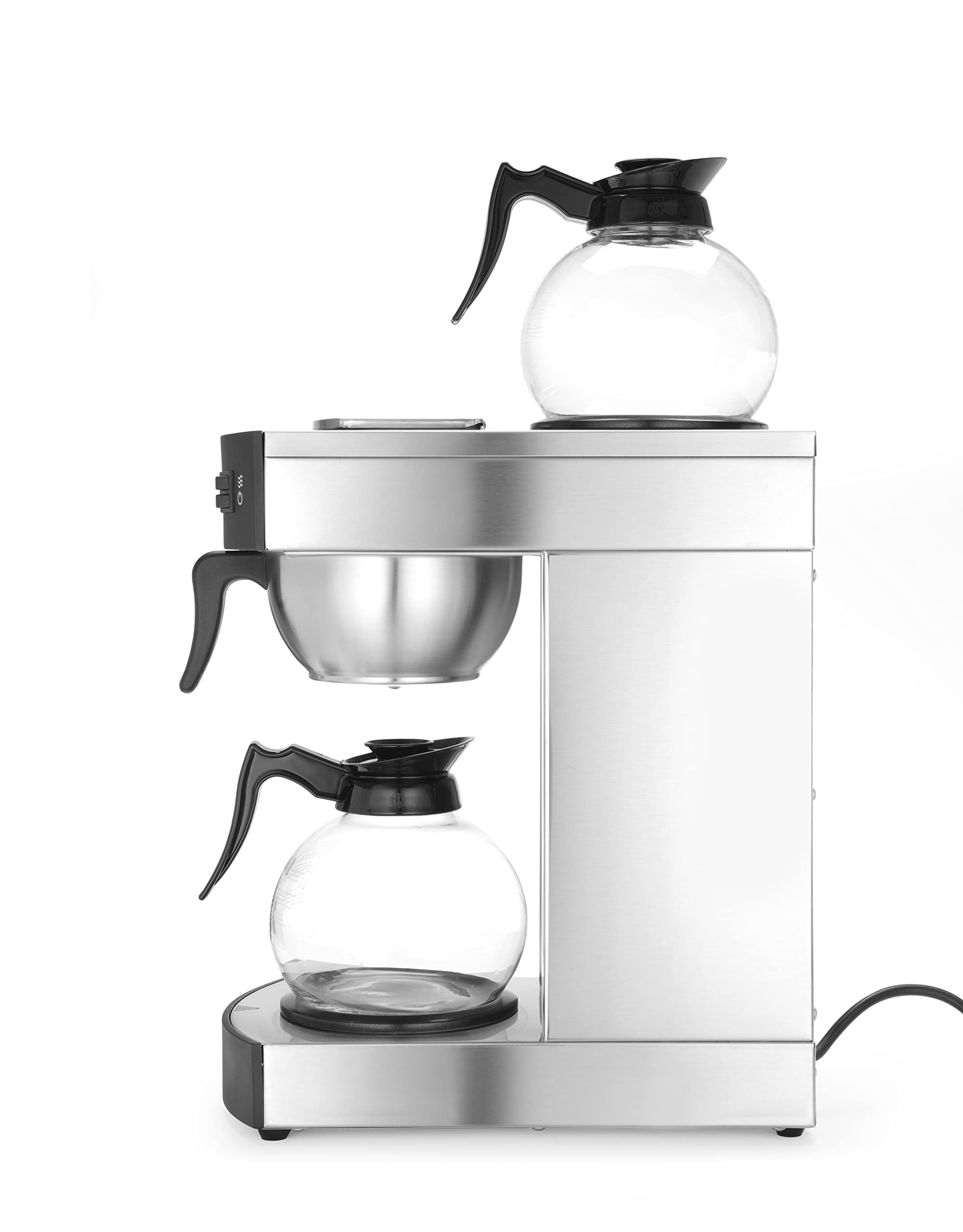HENDI Cafetera de goteo, eléctrica, para café molido de filtro, incluye 100 filtros de papel y 2 jarras de vidrio de 1,8L, cafetera de filtro, 230V, 1400W, 383x220x(H) 465mm, acero inoxidable
