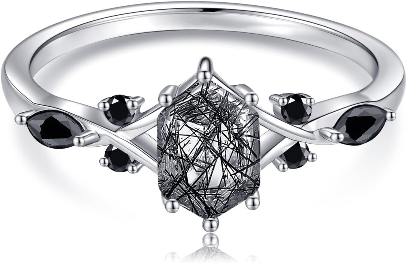 Natural Black Rutilated Quartz Ring Sterling Silver Genuine Black Rutilated Quartz Jewelry Gift for Women