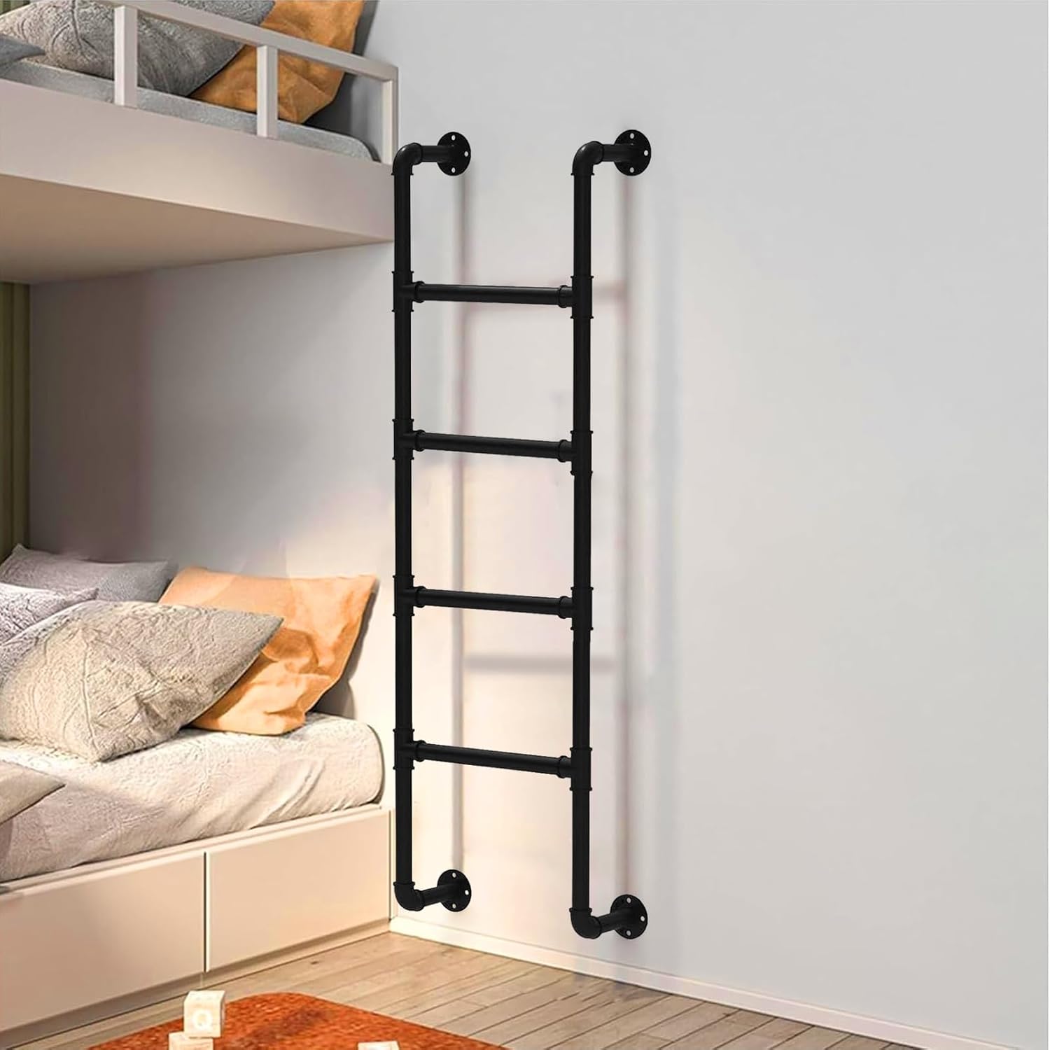 Wall Mounted Bunk Bed Ladder, Black Metal Loft Ladder 100cm 125cm 130cm 140cm 145cm 150cm Safety Climb Ladder, Universal Space-Saving Motorhome Step Ladder(220cm/87in)