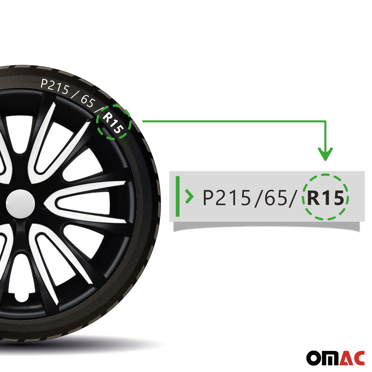 OMAC 4X Radkappen Radzierblenden Radblenden 15" Zoll Stahlfelgen Matt Schwarz-Weiß