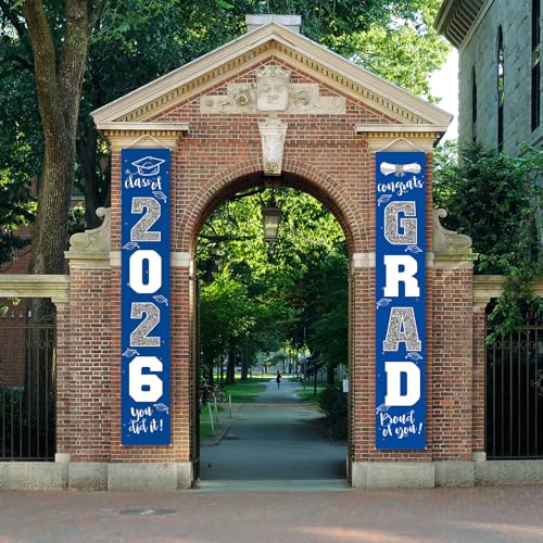 Image of Graduation Decorations Class of 2026 | Congrats Grad Banner - Porch Sign Blue Silver | Grad Party Decorations Graduates Party Supplies