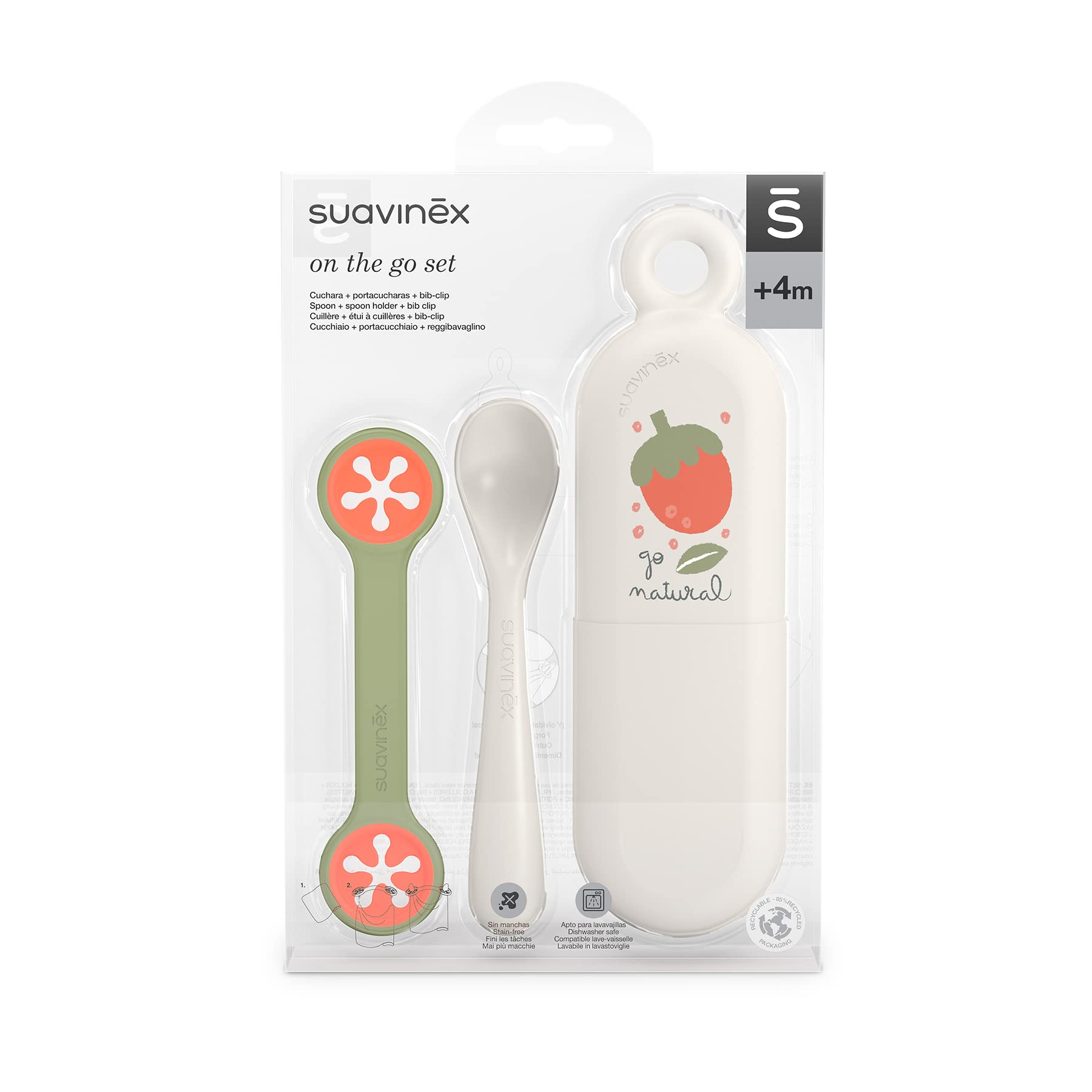 Suavinex On the Go Set Couverts Bébé avec Cuillère Porte-Cuillère Porte-Bavoir Gris