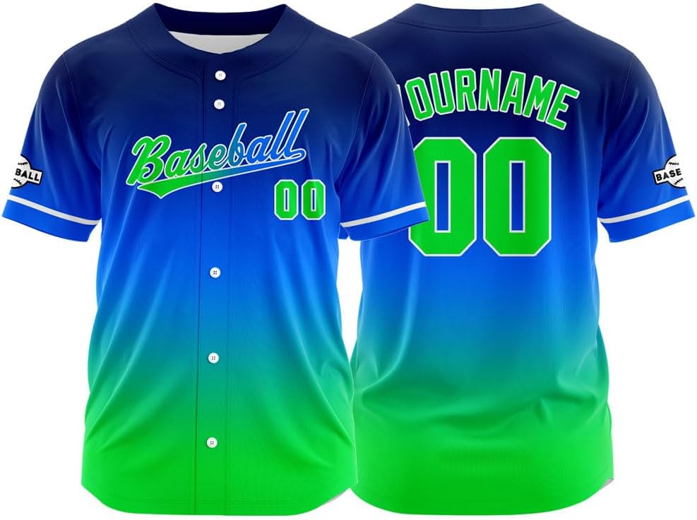 Camiseta personalizada de béisbol degradada para hombres, mujeres y niños, camisa con botones estilo hip hop con impresión de nombre, número y logo