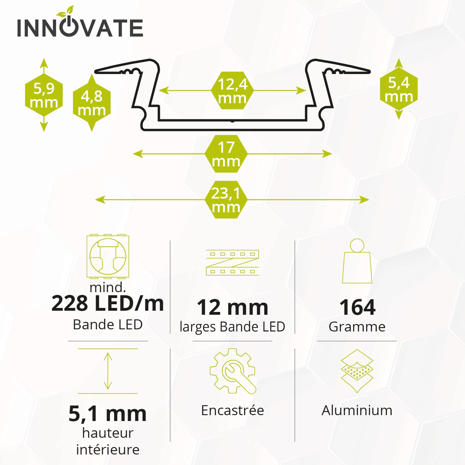 INNOVATE Profilé encastrable LED 2 m [profilé en aluminium 12 x 6 mm] Profilé en aluminium pour bandes LED 2 m I Éclairage indirect Luminaire sous plan de travail cuisine (Noir-noir, Set 5)