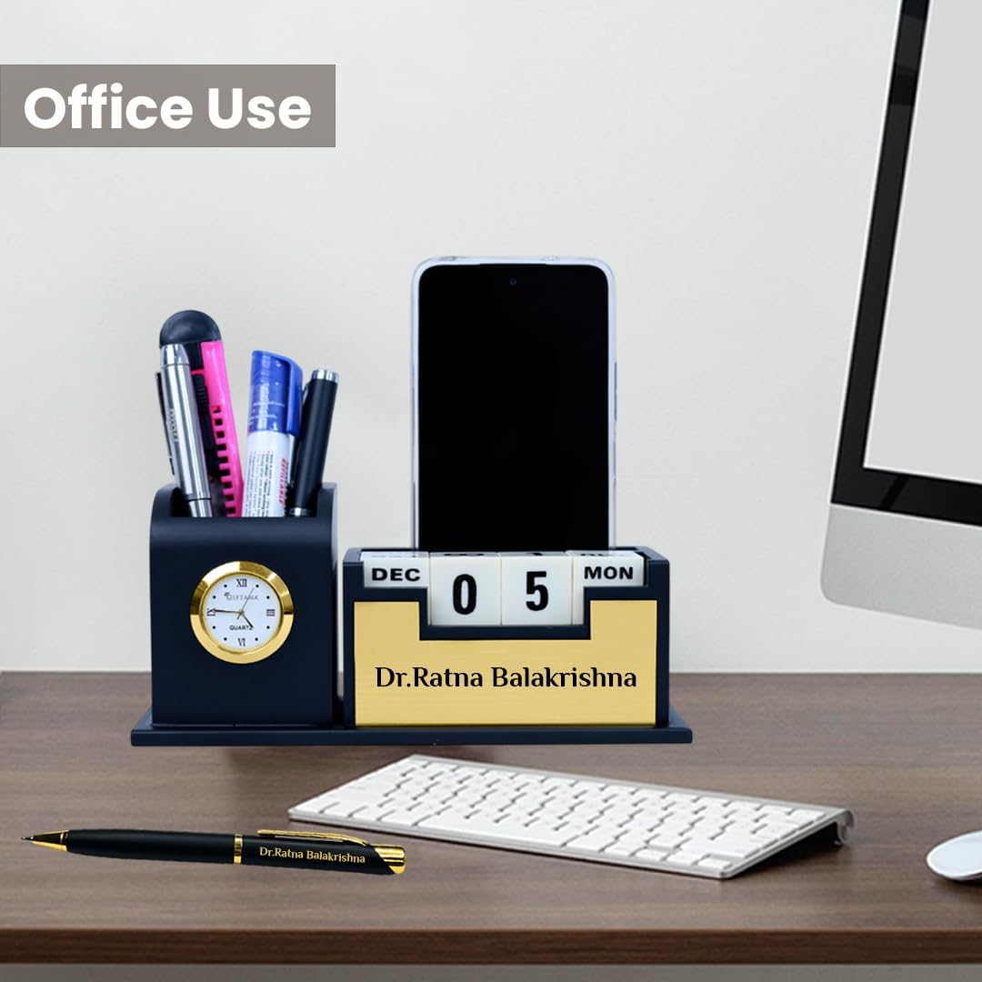 Giftana Personalized Desk Organizer with Pen Gift Set, 2 in 1 Customized Pen with Pen Stand for Doctors, Office Desk & Study, Table Watch & Calendar, Customised Corporate Gift Set (Golden)