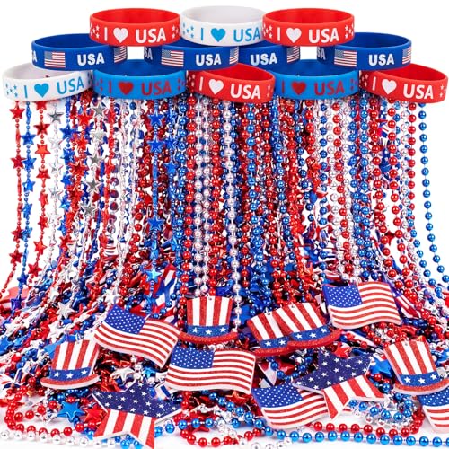 Moucuny 200 Pcs 4th of July 250th Anniversary Parade Throw Set, Red White and Blue Wristbands Bracelets & Beads Necklaces Bulk for American USA Party Independence Favors Accessories