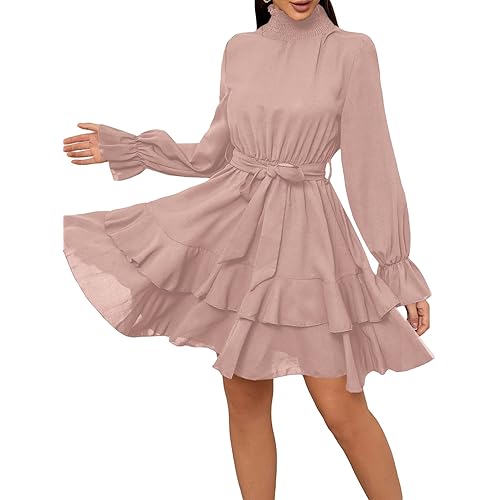 SweatyRocks Women's Elegant High Neck Flounce Sleeve High Waist Ruffle Belted Party Mini Dress