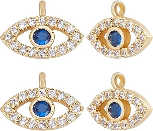 Beebeecraft 1 caja de 8 dijes de mal de ojo chapado en oro de 18 quilates con circonita cúbica ovalada azul Ojo Turco para hacer joyas, collares,