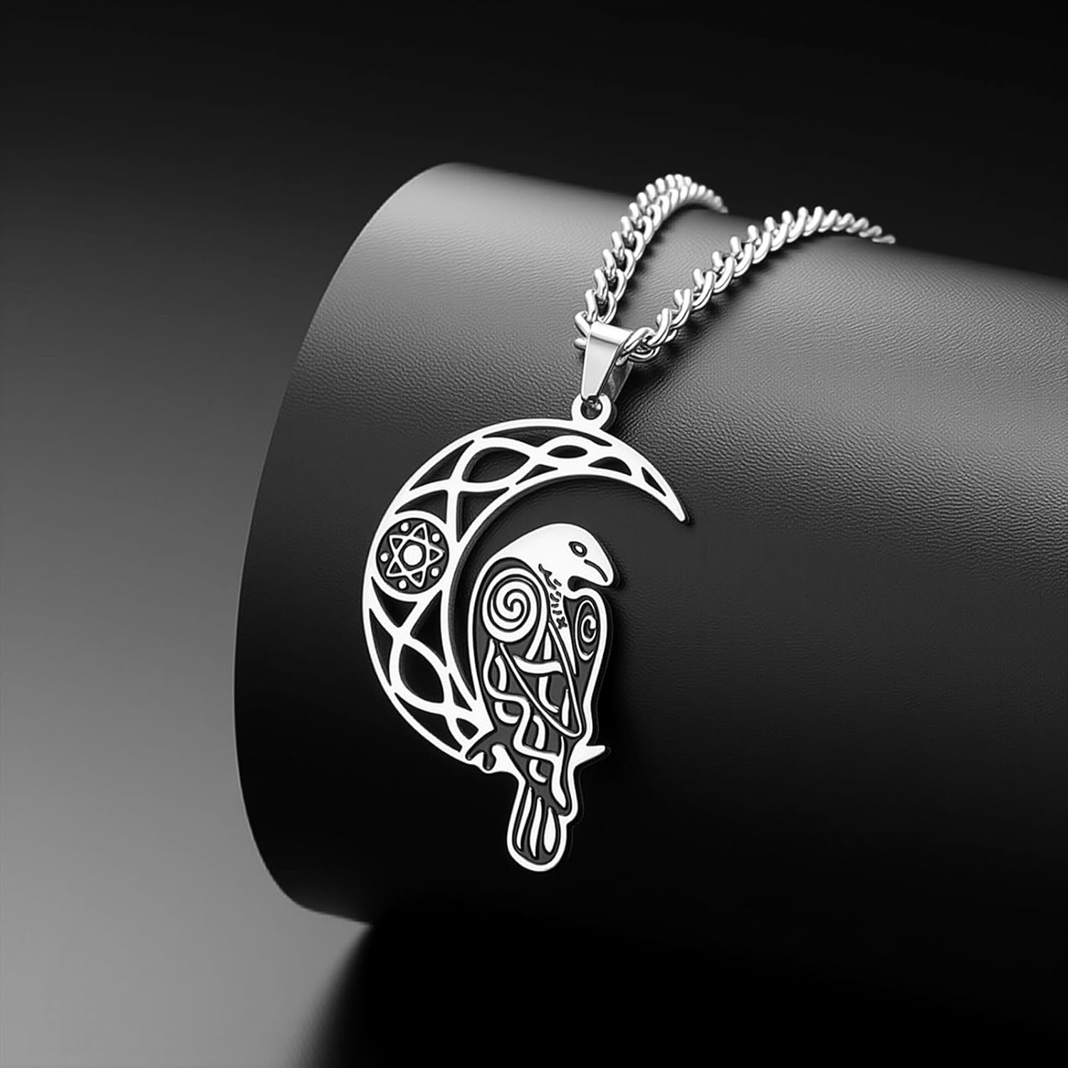 VASSAGO Viking Raven Necklace for Women Men Stainless Steel Crescent Moon Necklace Odin Raven Pendant Amulet Jewelry Gift - Image 3