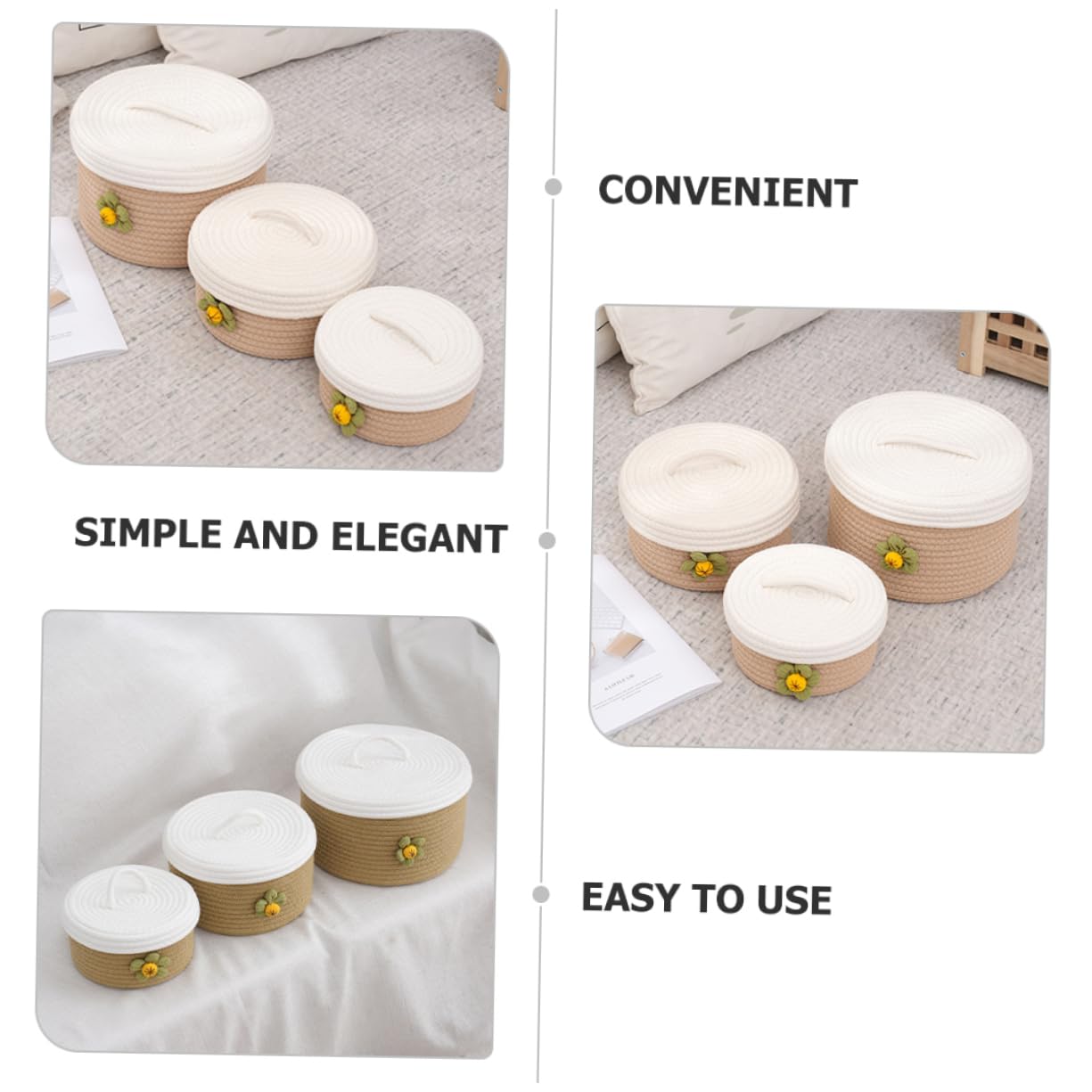 3 Cestas de Cuerda de Algodón Tapa para Organizar Artículos Varios Hogar, Conjunto de 3 Piezas, Diseño Clásico Elegante y Seguro para Mantener el Orden
